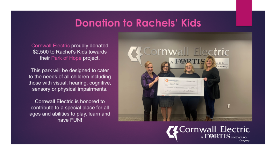 Cornwall Electric donated $2,500&nbsp;to Rachel’s Kids